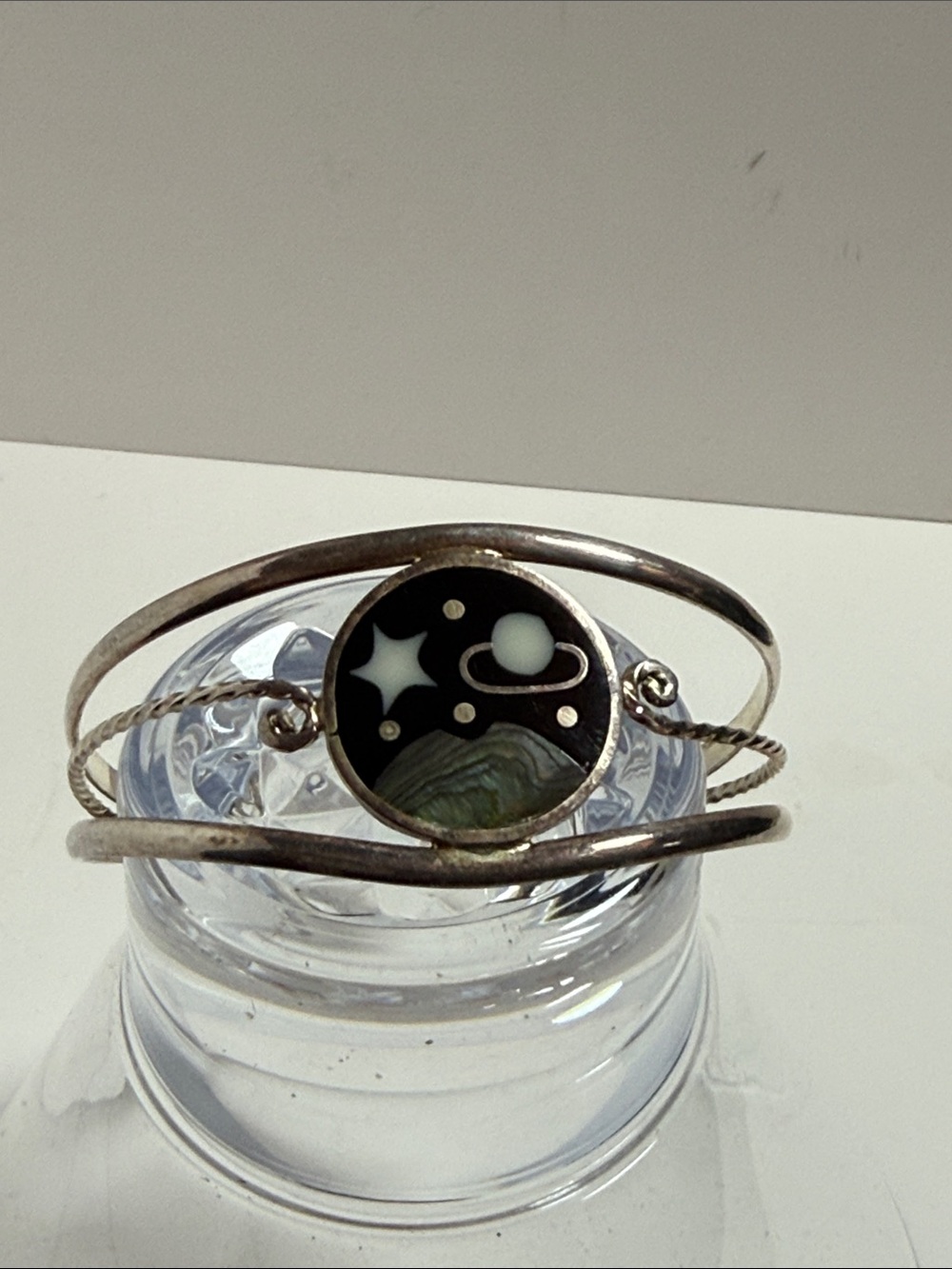 Vintage Celestial Night Enamel Cuff Bracelet - Alpaca Silver Mexico Abalone